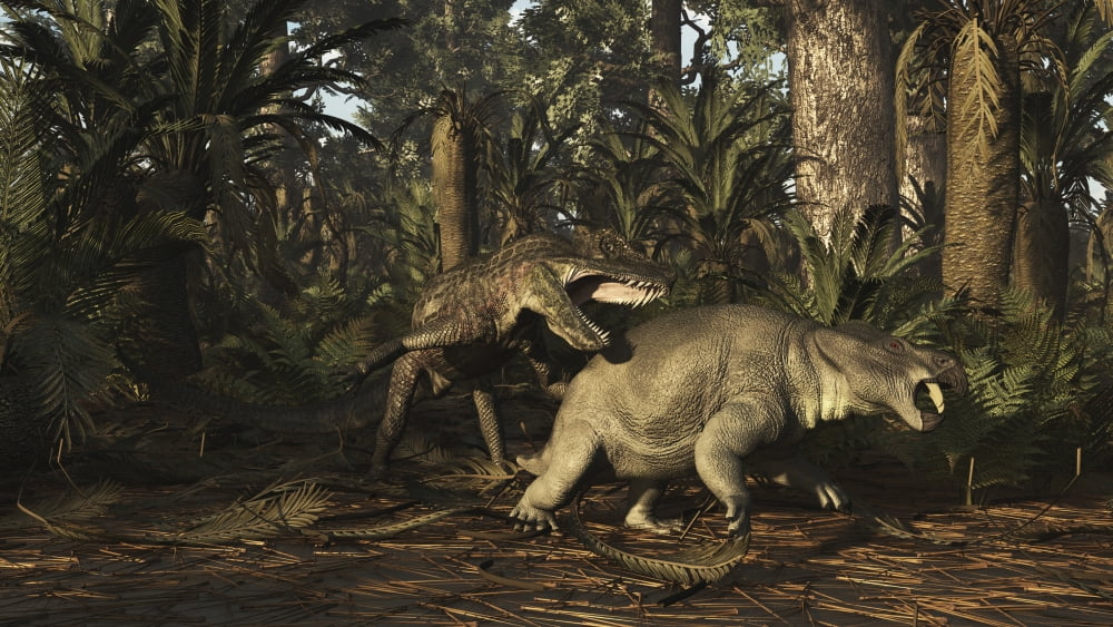 Postosuchus attacking a dicynodont in a Triassic forest Canvas Art - Arthur DoretyStocktrek Images (38 x 22)