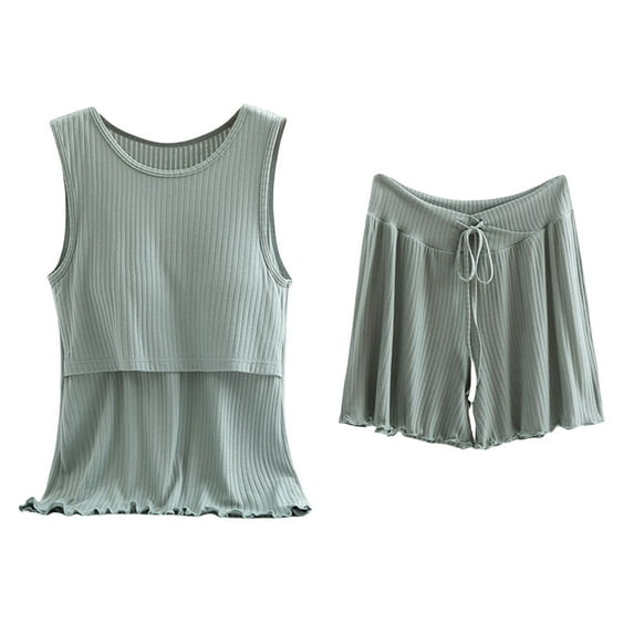 Postpartum Lounge Sets for Women! Audhol Women's Cotton Pyjamas Short Pyjama Set Sleeveless Shirt Function Maternity Fashion Pyjamas Short Sleepwear for Pregnancy Maternity Pajamas for Women Green XL