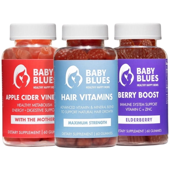 Baby Blues Postpartum Essentials 3-in-1 Gummy Pack for Women - Hair Growth, Immune and Digestive Support with Biotin, Elderberry and Apple Cider Vinegar, 180 Count