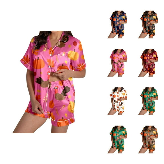 Postpartum Pajama Sets – Soft Lounge Wear for Women, Comfortable Cotton Sleepwear for Recovery Ladies' Thanksgiving Turkey Print Pajama Shorts Set 2024