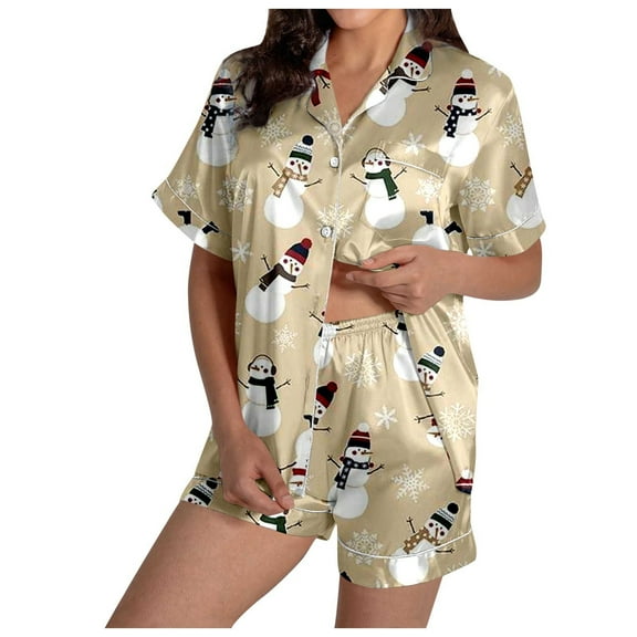 Postpartum Pajama Sets for Women – Soft Cotton Lounge Sets, Comfortable Sleepwear for Recovery Women's Snowman Print Short Sleeve Top & Shorts Pajama Set Festive Christmas Sleepwear Ensemble