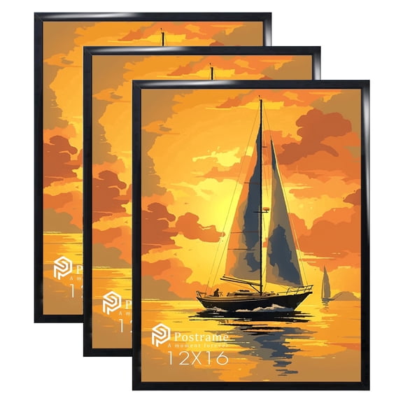 Postrame 12x16 Picture Frame, Black Poster Frame 3 Pack for Horizontal or Vertical Wall Mounting