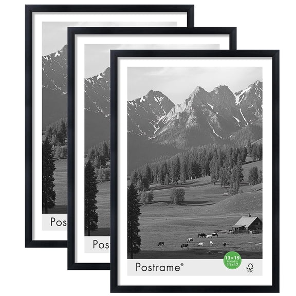 Postrame 13x19 Picture Frame 3 Pack, Display Pictures 11x17 or 13x19, Photo Frames for Wall Hanging, Black