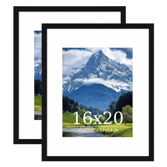 Postrame 16x20 Picture Frame 2 Pack, Black Poster Frame Display Pictures 11x14 with Mat or 16 x 20 Without Mat