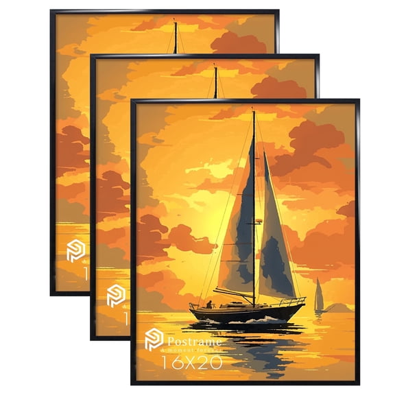 Postrame 16x20 Picture Frame, Black Poster Frame 3 Pack for Horizontal or Vertical Wall Mounting