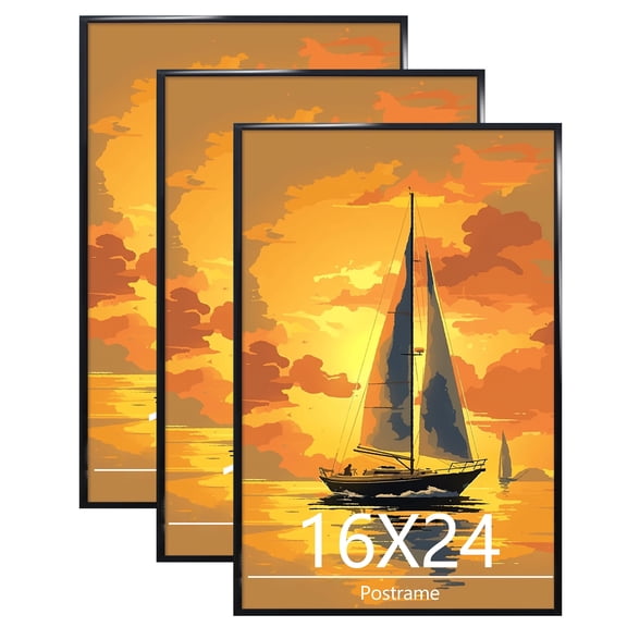 Postrame 16x24 Picture Frame, Black Poster Frame 3 Pack for Horizontal or Vertical Wall Mounting