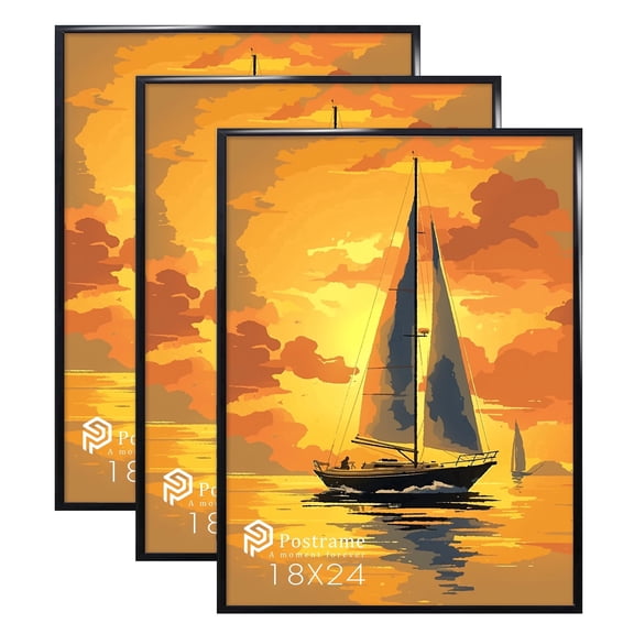 Postrame 18x24 Picture Frame, Black Poster Frame 3 Pack for Horizontal or Vertical Wall Mounting