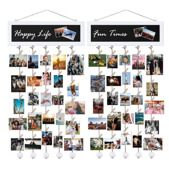 Postrame 2 Packs Hanging Photo Display, Wood Rustic Collage Picture Frames for Wall Decor with Blackboard, White