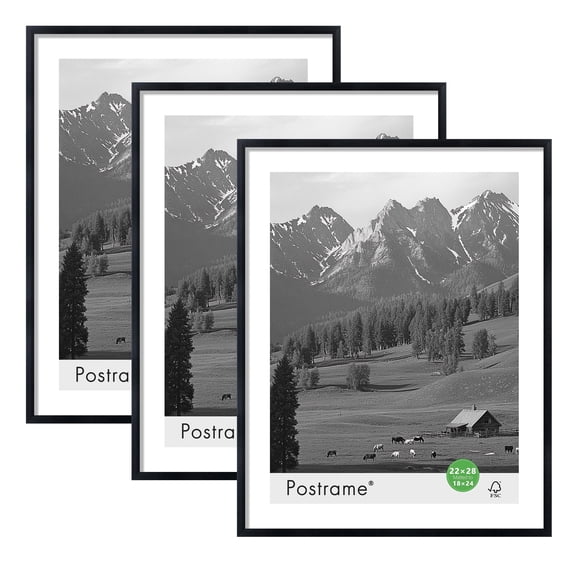 Postrame 22x28 Picture Frame 3 Pack, Display Pictures 18x24 or 22x28, Photo Frames for Wall Hanging, Black
