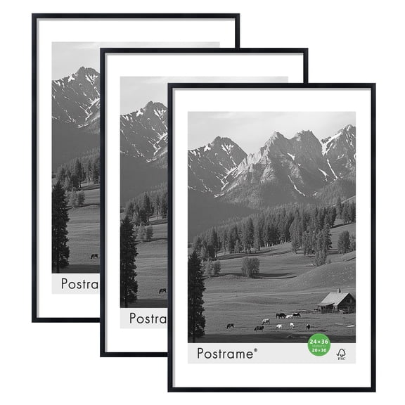 Postrame 24x36 Picture Frame 3 Pack, Display Pictures 20x30 or 24x36, Photo Frames for Wall Hanging, Black
