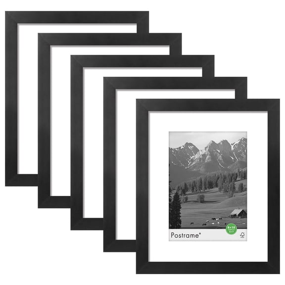 Postrame 5-Pack 8x10 Black Photo Frames, 5x7 with Mat or 8x10 without Mat, Wall Decor