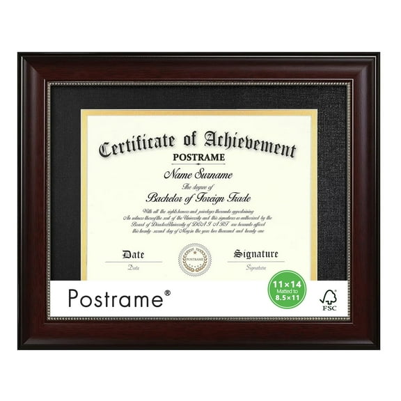 Postrame 8.5x11 Diploma Frame Classic Black Double Mat (Matte Black/Gold Rim) Fits 11x14 No Mat