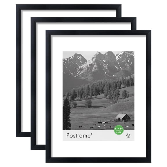 Postrame 11x14 Matted to 8x10 Picture Frame, Black Linear Gallery Wall Photo Frame, Set of 3