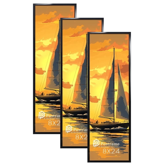 Postrame 8x24 Picture Frame, Black Poster Frame 3 Pack for Horizontal or Vertical Wall Mounting