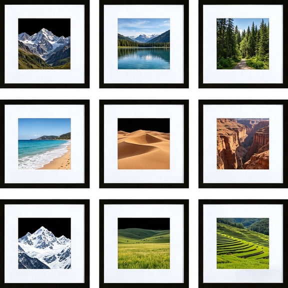 Postrame 9-Pack 12x12 Picture Frames Black, Display Photos 8x8 with Mat or 12x12 Without, Modern Gallery Wall Frame Set for Home Office Decor