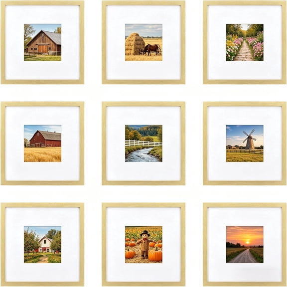 Postrame 9-Pack 8x8 Picture Frames Gold, Display Photos 4x4 with Mat or 8x8 Without, Modern Gallery Wall Frame Set for Home Office Decor