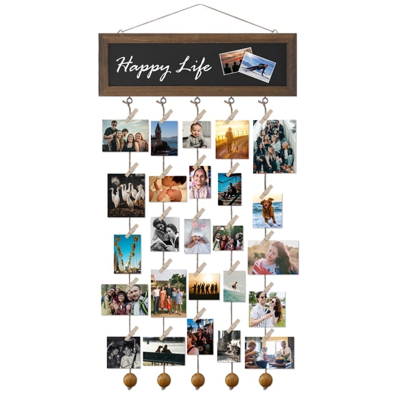 Postrame Hanging Photo Display with 30 Clips, Wood Rustic Collage Picture Frame for Wall Decor with Blackboard