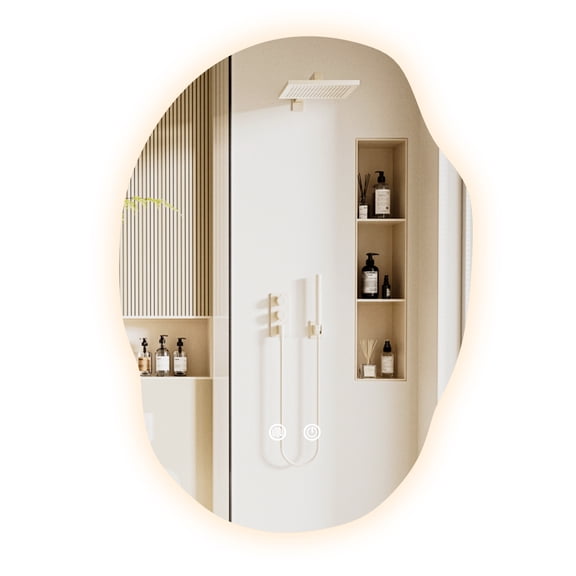 Postuois 3-Color Dimmable Smart Vanity Mirror, 60x90cm, Wall-Mounted LED Bathroom Mirror with Anti-Fog, Touch Control, Irregular Shape