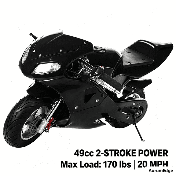 Postuois 49cc 2 Stroke Pocket Bike, Pocket Rocket Motorcycle, Gas Pocket Motorbike with Strong Dual Brake, Dual Headlights for Kids 7 Years and Over (Black)
