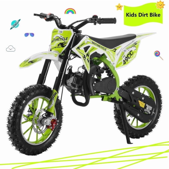 Postuois 49cc Green Dirt Bike for Kids, Gas Powered 2 Stroke Mini Motorcycle with Pull Start, 25Mph High Speed, Front Rear Disc Brakes, Motocross Pit Bike for Boys and Girls Green