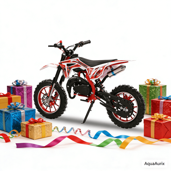 Postuois 49cc Kids Dirt Bike, 2-Stroke Gas Power Motocross Off-Road Tires Shock Absorption Springs Soft Seat Cushion Pocket Motorbike with Front Rear Disc Brakes (Red)