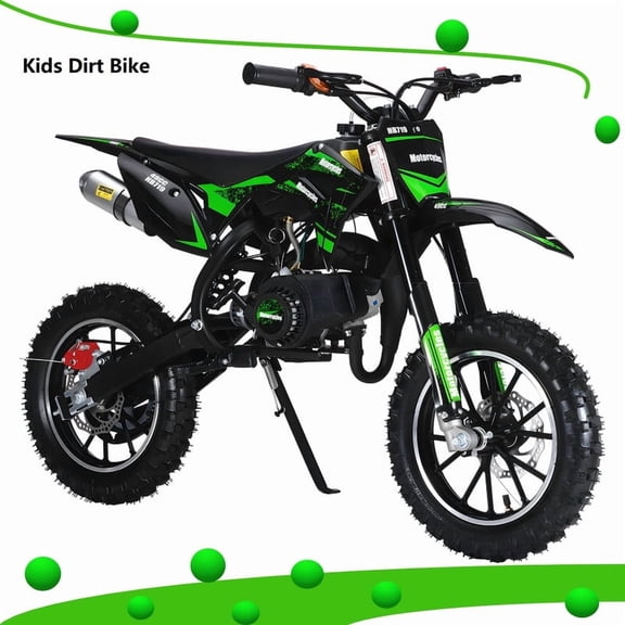 Postuois 49cc Kids Dirt Bike, 2-Stroke Gas Powered Mini Motorcycle Up to 25MPH, Off-Road Pit Bike for Kids 7-14 with Front Rear Disc Brakes, Shock Absorption (Green)