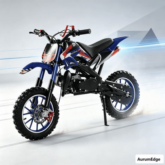 Postuois 49cc Kids Dirt Bike - 2-Stroke Mini Motorcycle with Front and Rear Disc Brakes, Motorcycles for Kids Gas, Shock Absorption, Soft Seat Cushion and Off Road Tires for Kid and Teen Blue