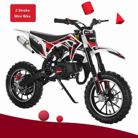 Postuois 49cc Red Dirt Bike for Kids, Gas Powered 2 Stroke Mini Motorcycle with Pull Start, 25Mph High Speed, Front Rear Disc Brakes, Motocross Pit Bike for Boys and Girls Red