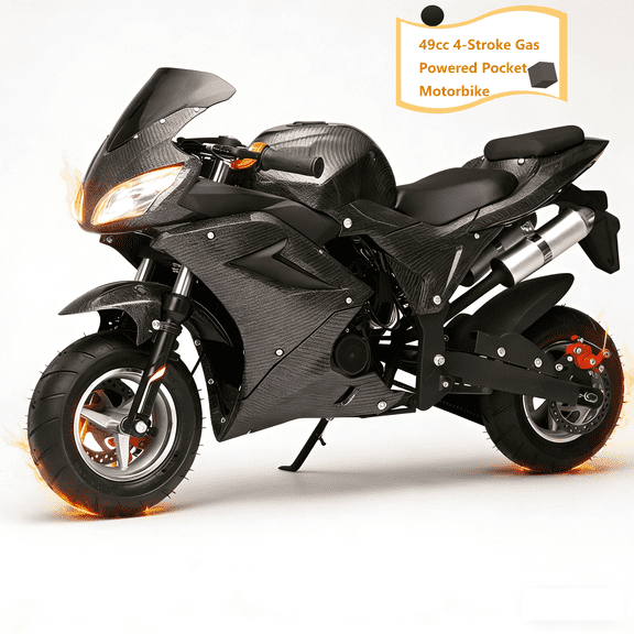 Postuois Mini_Motorcycles_for_Kids Pocket Rocket Motorcycle, 4-Stroke 49CC Motorcycle with Front Rear Disc Brakes, Kids Dirt Bike, Mini Motorcycles for Kids Trail Racing Up to 25MPH Black