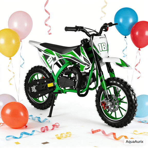 Postuois Upgraded 49cc 2-Stroke Kids Dirt Bike, Mini Pocket Gas Motorbike, Beach Off Road Gas Power Mini Pocket Motorcycle with Improved Front Rear Disc Brakes(Green)