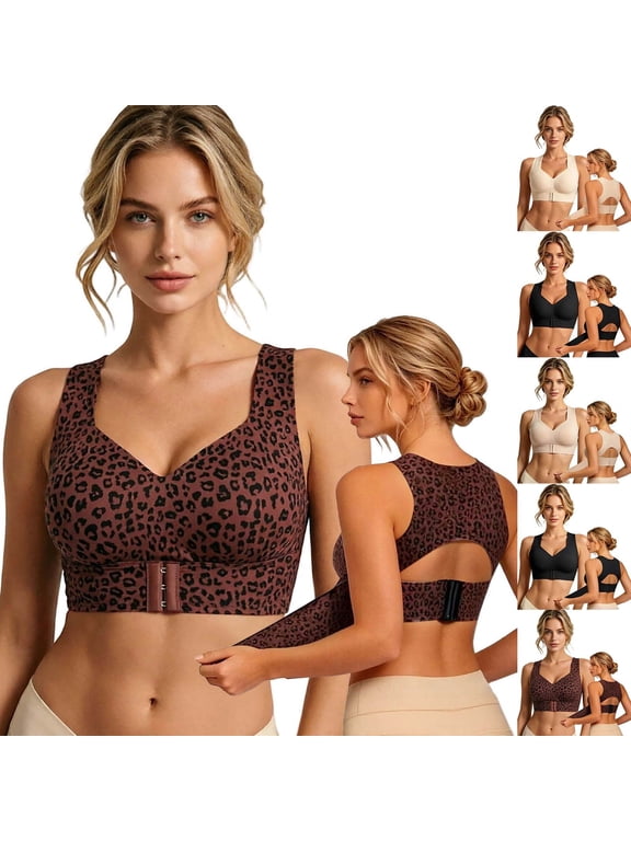 Posture Bra for Women Wireless Bra Wide Strap Back Support Full Coverage Bra for Housewives Mothers Gifts (Brown,M)