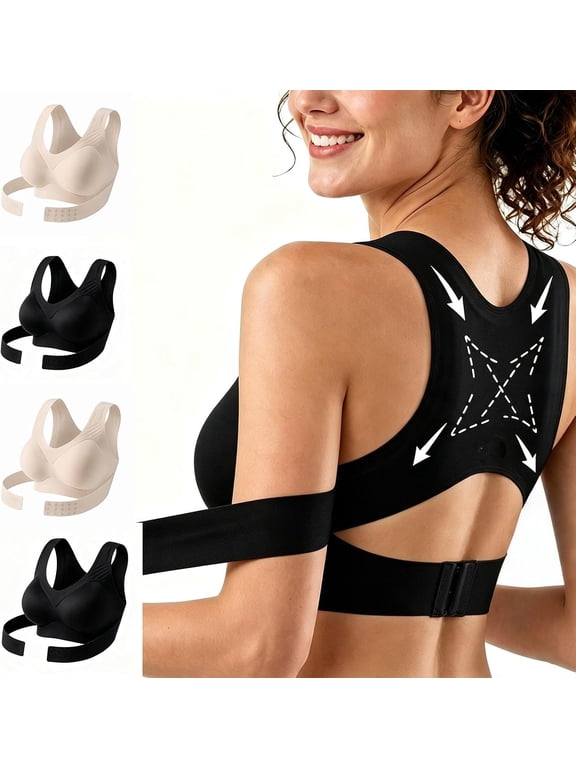 Posture Corrector Bra for Women, Front Closure Cross‑Back Wireless Seamless Bra, Full Coverage Push‑Up Support Bralette, Black, XXL