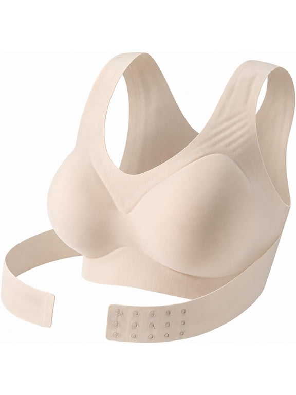 Posture Corrector Bra for Women, Front Closure Cross‑Back Wireless Seamless Bra, Full Coverage Push‑Up Support Bralette, Nude, M