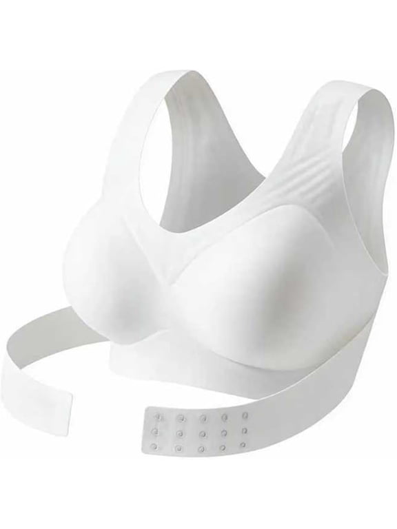 Posture Corrector Bra for Women, Front Closure Cross‑Back Wireless Seamless Bra, Full Coverage Push‑Up Support Bralette, White, L