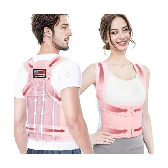 Posture Corrector for Women and Men - Adjustable Back Brace for Pain Relief - Enhances Posture and Provides Lumbar Support - Upper and Lower Back Straightener - Breathable Back Support (Pink, Large)