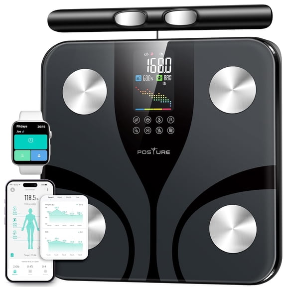 Posture Scale with 8 electrodes, smart digital bathroom scale, for weight, body fat, muscle mass 28 body composition indicators, with larger platform and color display, maximum capacity 400 pounds