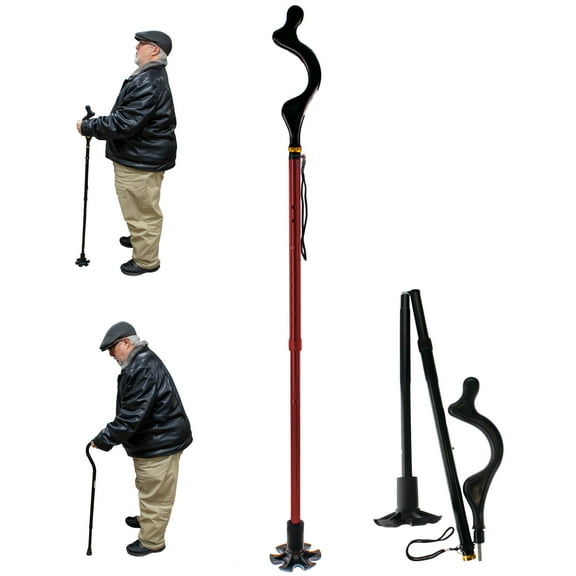 Posture Walking Cane - Walking Stick For Balance For Men & Women - Seniors - Lightweight, 10 Adjustable Heights, Portable & Self-Standing Mobility Aid - Red