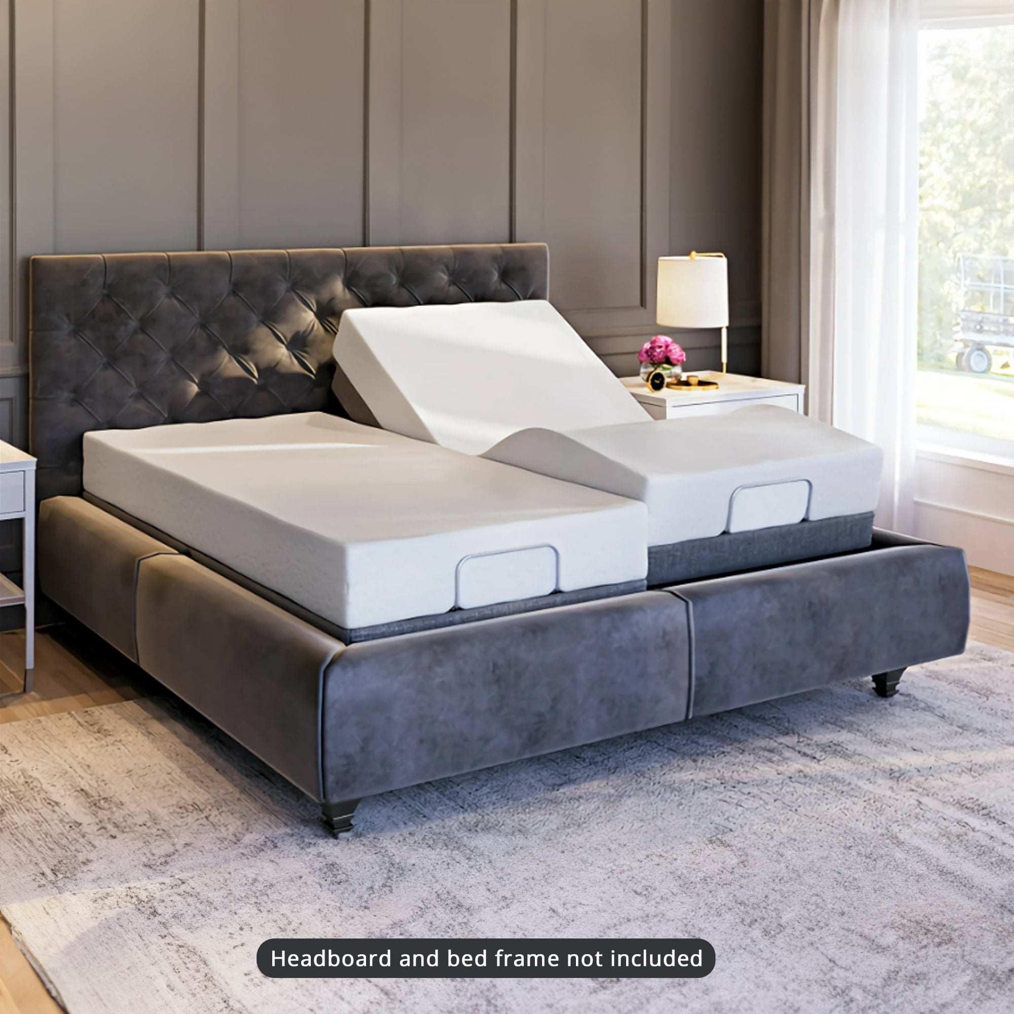 Posture Plus PX800 Split King Upholstered Powered Adjustable Bed Base Dual Massage USBs Two Leg Height Options and Wireless Remote Ergonomic Bed