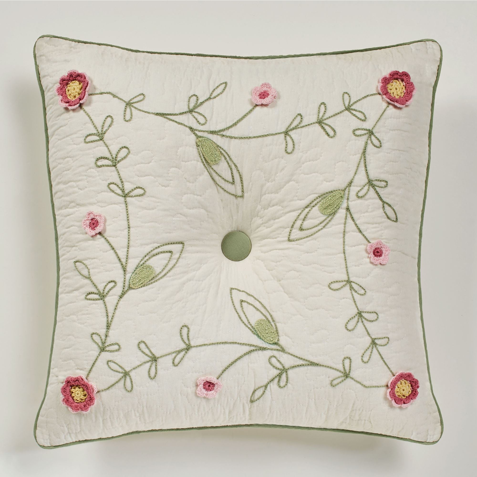 Posy Floral Crochet Natural Cotton Button Tufted Pillow 18 Inches