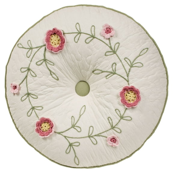 Posy Floral Gusseted Natural Cotton Button Tufted Round Pillow 14 Inches Diameter