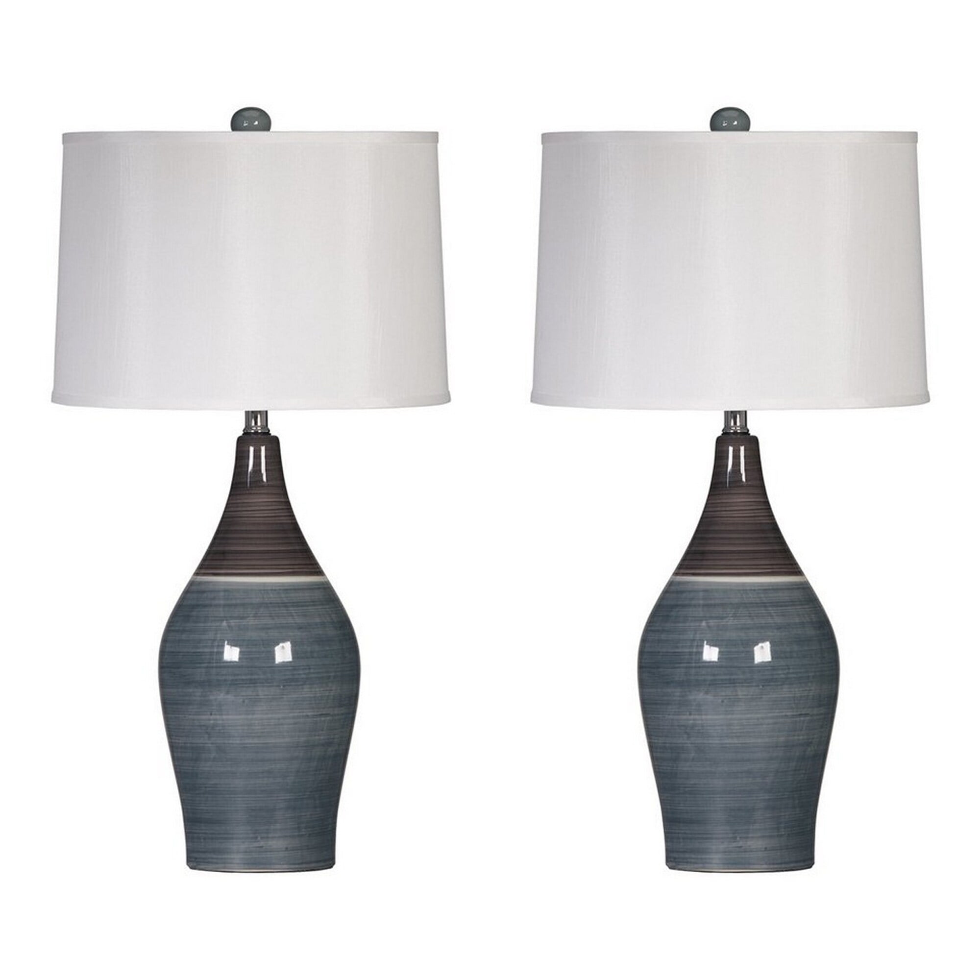 Set of 2 Gray Ceramic Table Lamps with White Drum Shade, 28" Height