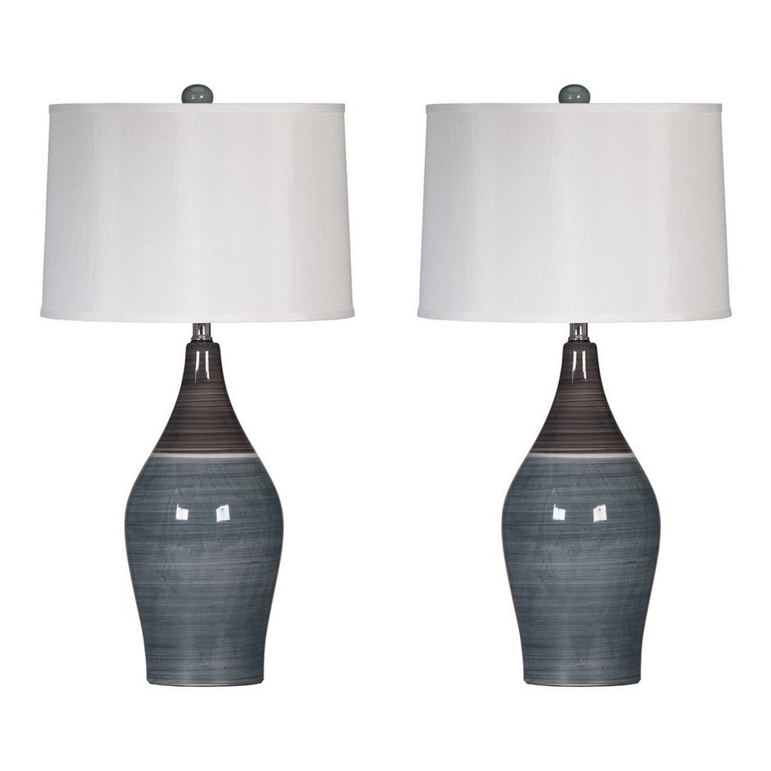 Set of 2 Gray Ceramic Table Lamps with White Drum Shade, 28" Height