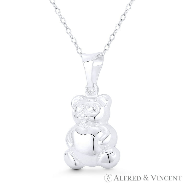 Pot Belly Teddy Bear & Heart Charm 3D Pendant & Chain Necklace in .925  Sterling Silver