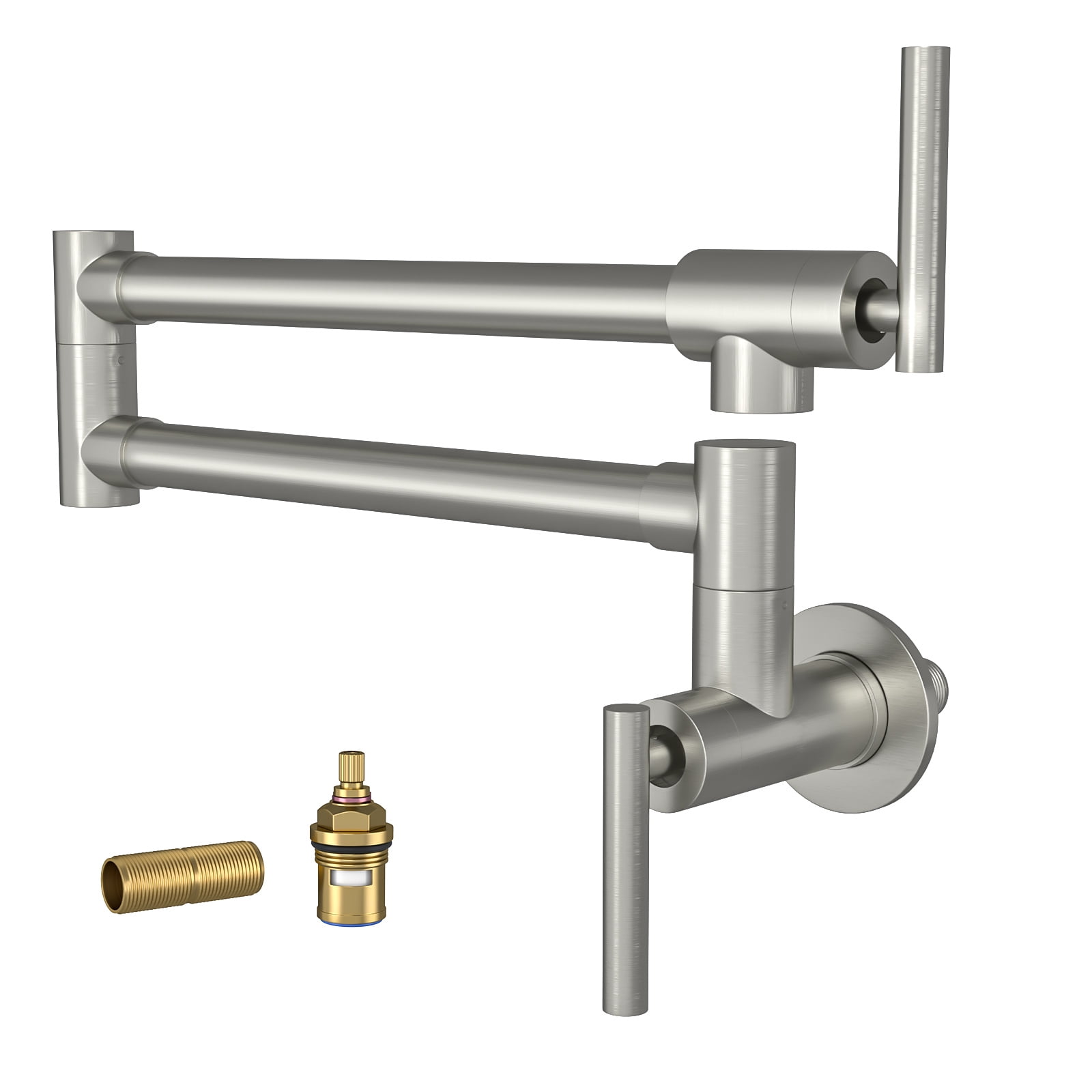 Pot Filler Faucet Wall Mount Brushed, 27" L Stainless Steel Folding Kitchen Faucet with Double Joint Swing Arm, Commercial Pot Filler with 360° Swivel Spout & ABS Aerator