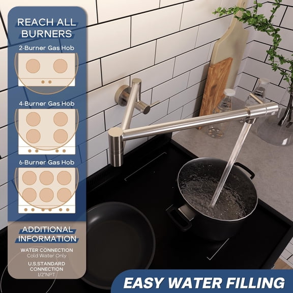 Pot Filler Faucet Wall Mount, Brushed Nickel Commercial Kitchen Folding Faucet, Dual Joint Swing Arms, Lead-Free Brass Pot Filler Over Stove, Modern Design with 2 Handles