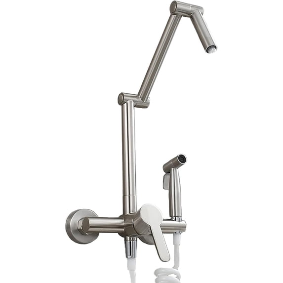 Pot Filler Faucet Wall Mount Foldable Kitchen Faucet Brass Kitchen Sink Faucet Double Joint Swing Arm Kitchen Tap 2 Hole Single Handle Kitchen Mixer Tap with Spray Gun,Brushed Nickel