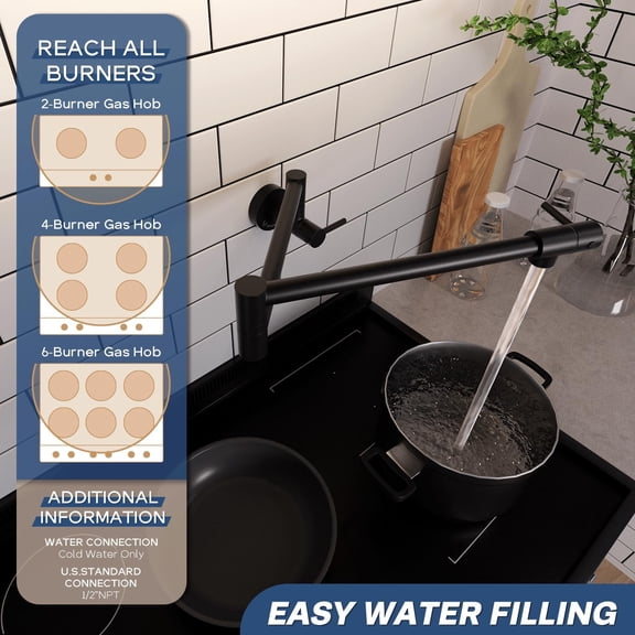 Pot Filler Faucet Wall Mount, Matte Black Commercial Kitchen Folding Faucet, Dual Joint Swing Arms, Lead-Free Brass Pot Filler Over Stove, Modern Design with 2 Handles