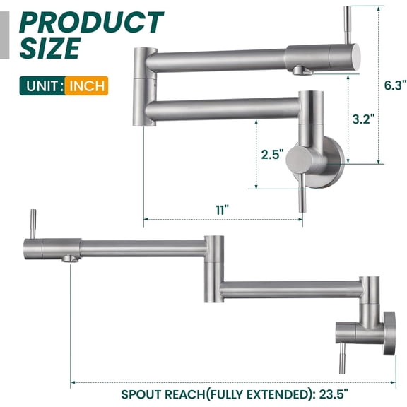 Pot Filler Wall Mount Stove Faucet Brushed Nickel Stainless Steel Folding Faucet Over Stove, Stretchable Double Joint Swing Arm Kitchen Faucet Single Hole Two Handles Kitchen Restaurant