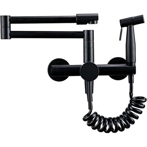 Pot Filler Wall Mounted Kitchen Faucet with Sprayer, Brass Single Handle Hot and Cold Kitchen Mixer Tap, Pull Out Two Hole Bidet Faucet,Black