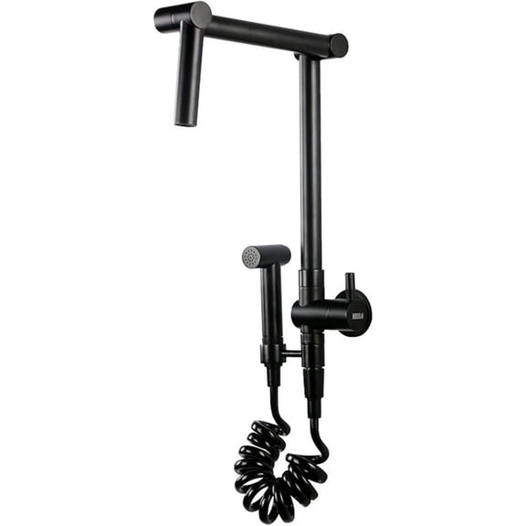 Pot Filler Wall Mounted Single Cold Kitchen Faucet with Side Sprayer, 360° Swivel Kitchen Sink Faucet with Double Joint Swing Arm, Brass Heighten Mop Pool Faucet,Black